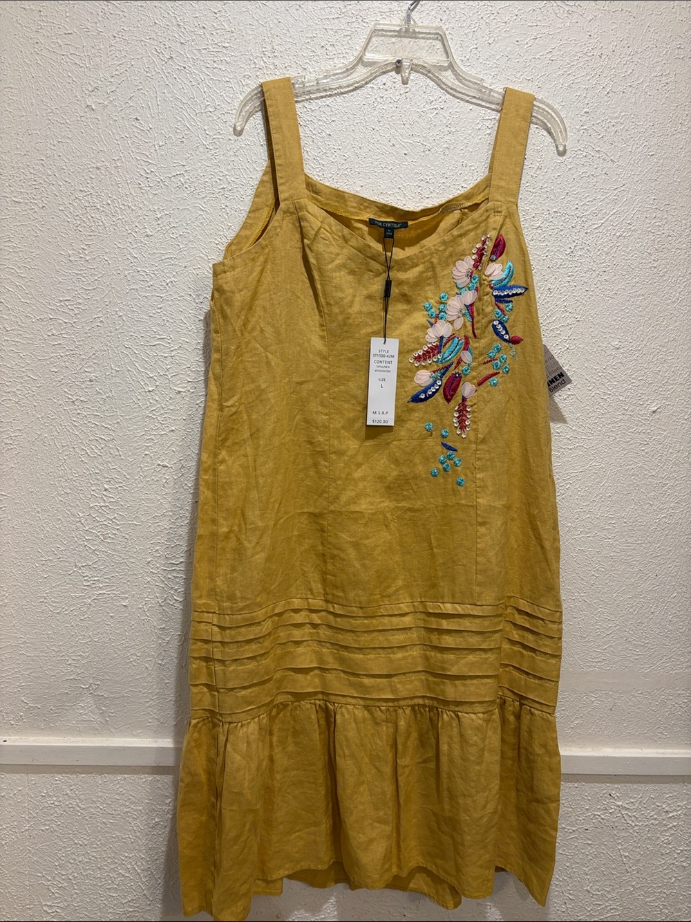 Cynthia Rowley Mustard Linen-Blend Embroidered Midi Dress
